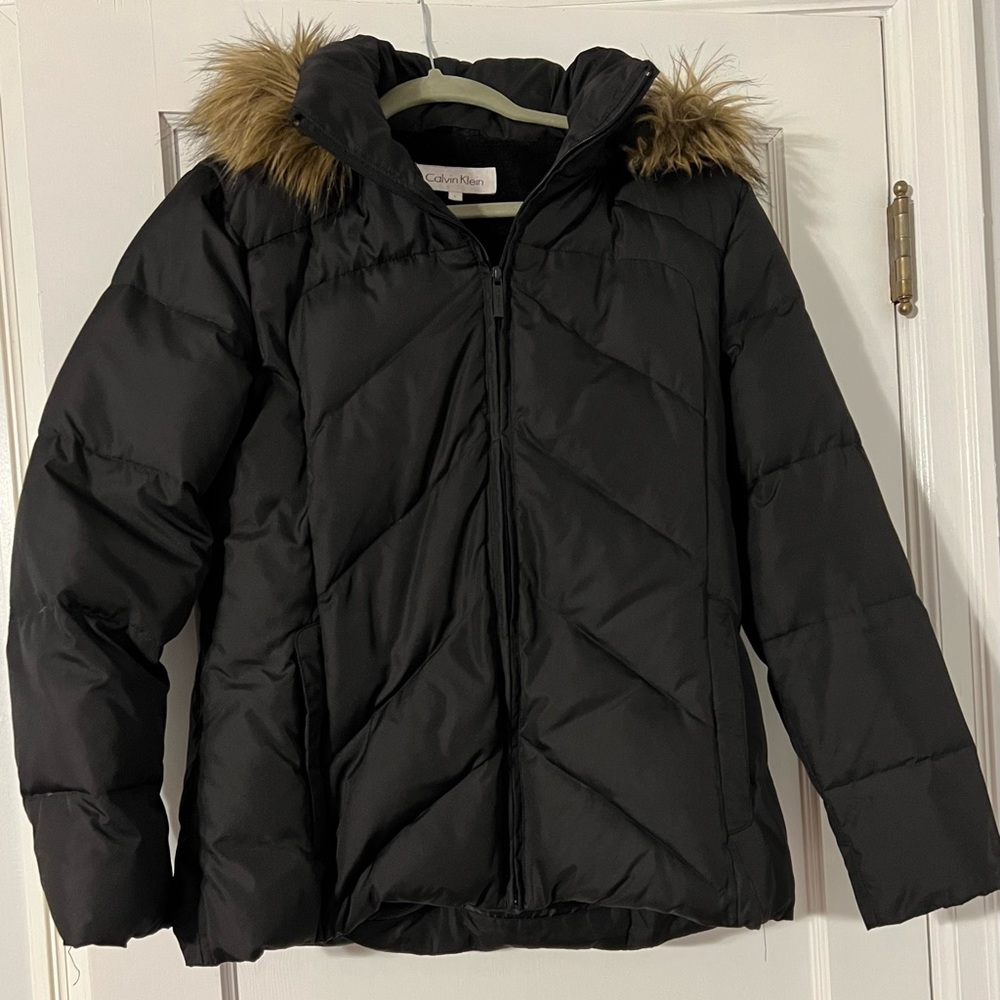 Calvin Klein down filled brown removable fur hooded puffer